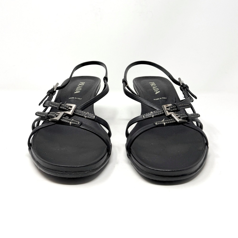Prada Y2K Black Strappy Kitten Heel Sandals Slingback Buckle 37 - Picture 4 of 8